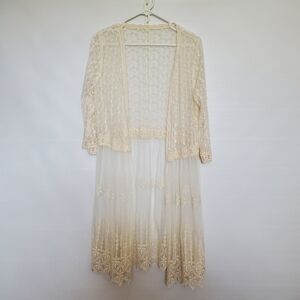 Kimono Duster Mesh Crochet Embroidered Floral Design Long Sleeves Cream (s)
